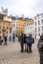 Young activists protesting animal killings in front of the Saint Jean Cathedral, Lyon, France Royalty Free Stock Photo