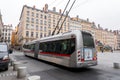 Electric trolleybus carrying passengers in Lyon city, France