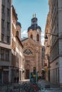 The facade of the chapel of the Hotel Dieu by the River Rhone in Lyon, France Royalty Free Stock Photo