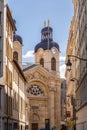 The facade of the chapel of the Hotel Dieu by the River Rhone in Lyon, France Royalty Free Stock Photo