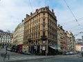 LYON, FRANCE - January 26, 2011: Unusual building on the street of Lyon in winter in France