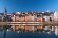 Urban scene with buildings around the River Saone, Lyon, France Royalty Free Stock Photo