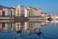 Urban scene with buildings around the River Saone, Lyon, France Royalty Free Stock Photo