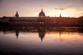 Hotel Dieu in Lyon, France, taken from the Rhone riverbank during an evening sunset. Royalty Free Stock Photo