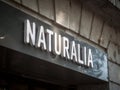 Naturalia logo in front of their local shop in Lyon, France. Naturalia is a chain of French retailers specialized in organic food