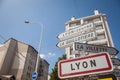 Roadsign indicating the entrance to Lyon. This sign is a standard French plate visible at each entrance to any French municipality