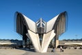 Frontal, symmetrical view of the TGV station designed by Santiago Calatrava, at Lyon Saint Exupery Airport.