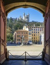 View of famous basilica, Notre-Dame-de-Fourviere from Saint-Jean church in Lyon Royalty Free Stock Photo