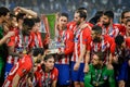 LYON, FRANCE - 16 May, 2018: Athletico Madrid players and Fernando Torres celebrates victory in the final with cup UEFA Europa Le