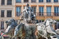 Lyon, France. Symbol of the city, famous Bartholdi fountain on the Terreaux square Royalty Free Stock Photo