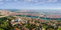 Lyon panorama with Fourviere basilica, Part-Dieu city center Rhone and Saone rivers, France. Aerial view of famous touristic Royalty Free Stock Photo