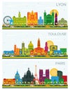 Lyon, Paris and Toulouse France City Skyline Set Royalty Free Stock Photo