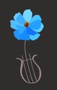 Lyre in shape of blue cosmos flower isolated on black background in vector. Vertical card, poster, musical logo in vintage style Royalty Free Stock Photo