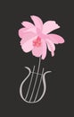 Lyre in shape of gentle pink cosmos flower isolated on black background in vector. Greeting or invitation card, musical logo