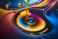 Lyrical drops and splashes of oil on the surface of the water with bright colors in the background,