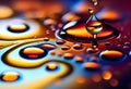 Lyrical drops and splashes of oil on the surface of the water with bright colors in the background,