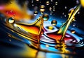 Lyrical drops and splashes of oil on the surface of the water with bright colors in the background,