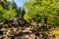 Lysica Mount peak near Swieta Katarzyna village and Bodzentyn at tourist path across Swietokrzyskie Mountains in Poland Royalty Free Stock Photo