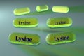 Lysine capsules. Lysine is an essential amino acid used in the biosynthesis of proteins. Lysine is required for growth
