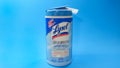 Lysol disinfecting wipes on a table blue background