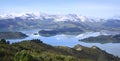 Lyttelton Harbour Winter Panorama with Snow on Mount Herbert, Christchurch Royalty Free Stock Photo