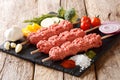 Lyulya, kofta, kofte kebab from raw minced meat on skewers with Royalty Free Stock Photo