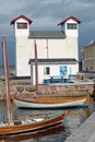 LÃÂ¸gstÃÂ¸r, Jutland, Denmark - 11 September 2020: LÃÂ¸gstÃÂ¸r lighthouse with boats in foreground, LÃÂ¸gstÃÂ¸r Grunde Fyr