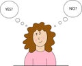 Vector illustration of the thinking woman, hesitating and making a decision between yes or no.