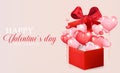 Valentine`s day concept background. Realistic heart shaped balloons fly out of red gift box. Romantic design for cover, party, pos Royalty Free Stock Photo