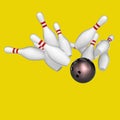 Yellow background with bowling ball striking pins Royalty Free Stock Photo