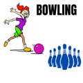 Bowling written in black, white background, drawing of a girl throwing a bowling ball towards the pins