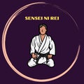 Karate Sensei drawn in the center, written SENSEI NI REI in yellow