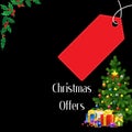 Black background, Christmas tree, red price tag and Christmas decorations Royalty Free Stock Photo
