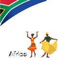 Drawing of black women dancing, South African flag, white background and Africa written in black