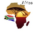 Map of Africa with drawings, white background, flag of South Africa and Africa written in black