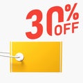 White background, yellow price tag and 30% off written in red Royalty Free Stock Photo