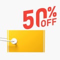 White background, yellow price tag and 50% off written in red Royalty Free Stock Photo