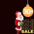 Black background, SALE written in yellow, Santa Claus design, Christmas ball written 30% inside Royalty Free Stock Photo