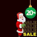 Black background, SALE written in yellow, Santa Claus design, Christmas ball written 20% inside. Royalty Free Stock Photo