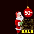 Black background, SALE written in yellow, Santa Claus design, Christmas ball written 50% inside Royalty Free Stock Photo