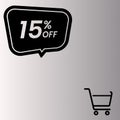 Gradient gray background, shopping cart design and black rectangle with 15% off written on it Royalty Free Stock Photo