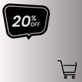 Gradient gray background, shopping cart design and black rectangle with 20% off written on it Royalty Free Stock Photo