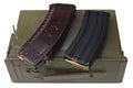 M16 and ak47 magazins on ammunition can Royalty Free Stock Photo