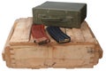 M16 and ak47 magazins on wooden army box Royalty Free Stock Photo