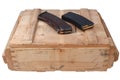 M16 and ak47 magazins on wooden army box