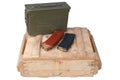 m16 and ak47 magazins on wooden box Royalty Free Stock Photo