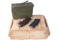 m16 and ak47 magazins on wooden box Royalty Free Stock Photo
