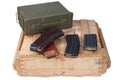 m16 and ak47 magazins on wooden box Royalty Free Stock Photo