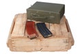 m16 and ak47 magazins on wooden box Royalty Free Stock Photo