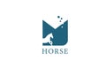 M blue white horse alphabet letter logo icon with stallion shape inside. Creative design for company and business Royalty Free Stock Photo